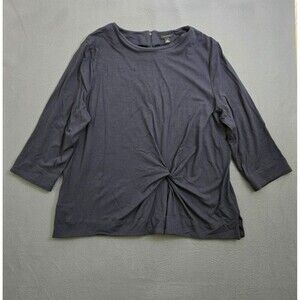 Ann Taylor Women XL Blouse 3/4 Bell Sleeve Twist Knot Navy Blue Side Slits